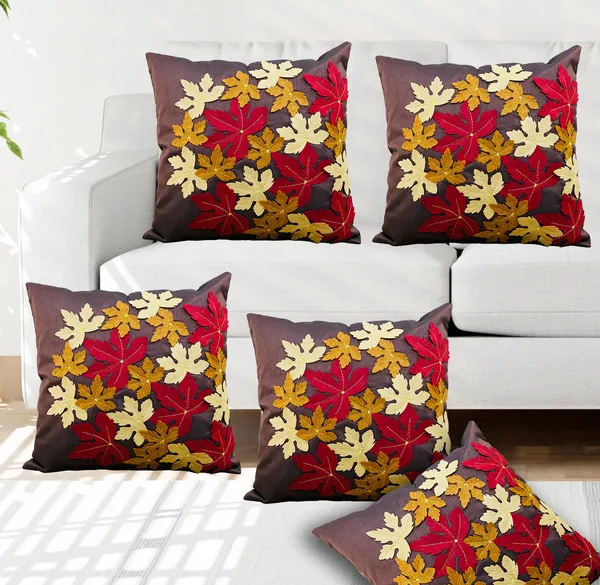Brown_3D_Maple_Leaf_Silk_Cushion_Covers_I_Foam_Padded_I_Square_16_X_16_Inches_Set_Of_5_Pieces