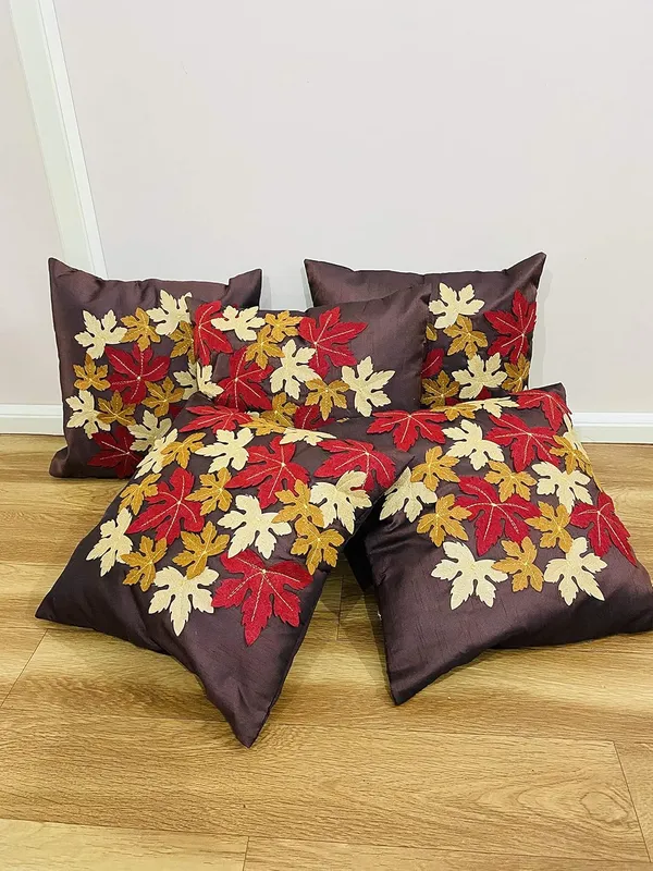 Brown_3D_Maple_Leaf_Silk_Cushion_Covers_I_Foam_Padded_I_Square_16_X_16_Inches_Set_Of_5_Pieces