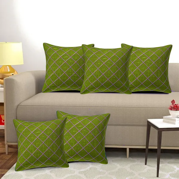BUNIO_Decorative_Cross_Gold_Line_Green_Silk_Cushion_Cover_Soft_Throw_Pillow_Case_for_Living_Room_Decor_Cushion_Covers_-_16_x_16_inches_-_Set_of_5_Pieces_(Green)