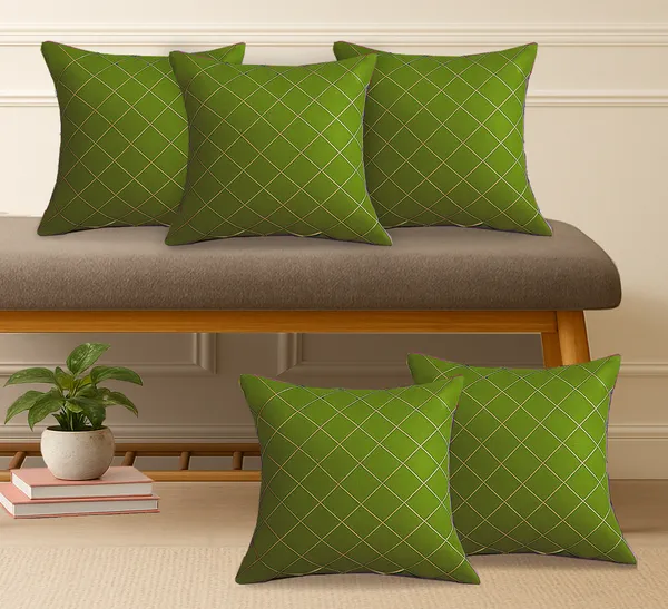 BUNIO_Decorative_Cross_Gold_Line_Green_Silk_Cushion_Cover_Soft_Throw_Pillow_Case_for_Living_Room_Decor_Cushion_Covers_-_16_x_16_inches_-_Set_of_5_Pieces_(Green)