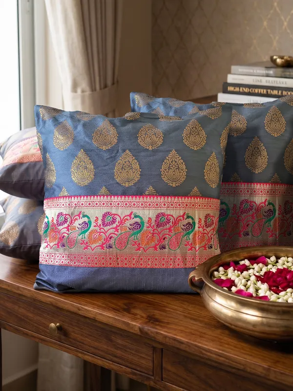 Zari_Jacquard_Art_Silk_Grey_Cushion_Covers_–_16"_x_16"_|_Indian_Festive_Décor
