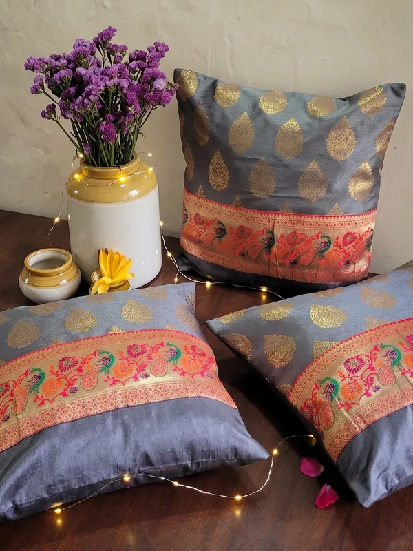 Zari_Jacquard_Art_Silk_Grey_Cushion_Covers_–_16"_x_16"_|_Indian_Festive_Décor