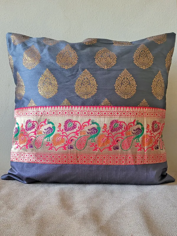 Zari_Jacquard_Art_Silk_Grey_Cushion_Covers_–_16"_x_16"_|_Indian_Festive_Décor