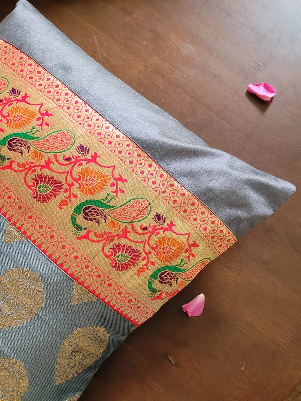 Zari_Jacquard_Art_Silk_Grey_Cushion_Covers_–_16"_x_16"_|_Indian_Festive_Décor