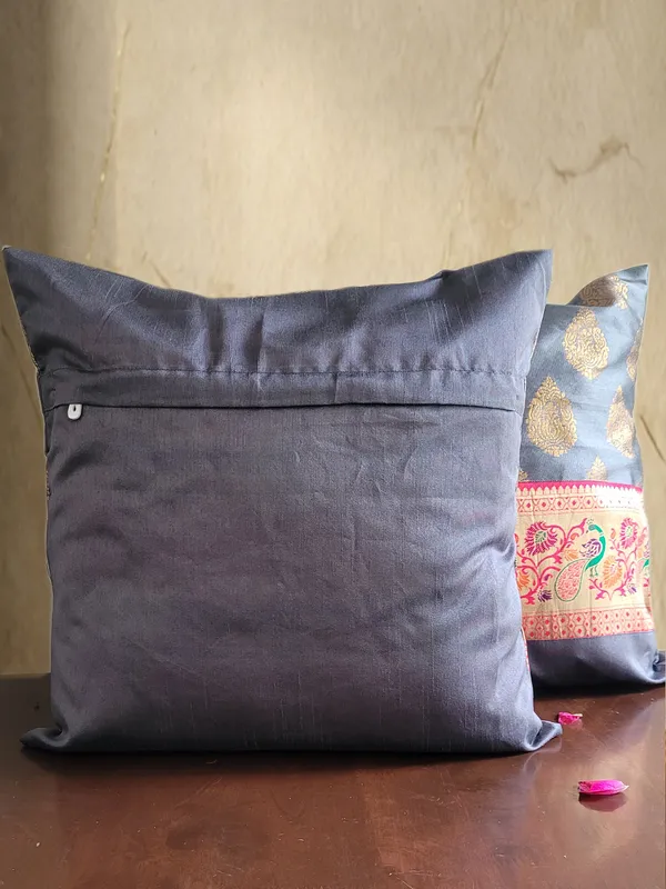 Zari_Jacquard_Art_Silk_Grey_Cushion_Covers_–_16"_x_16"_|_Indian_Festive_Décor