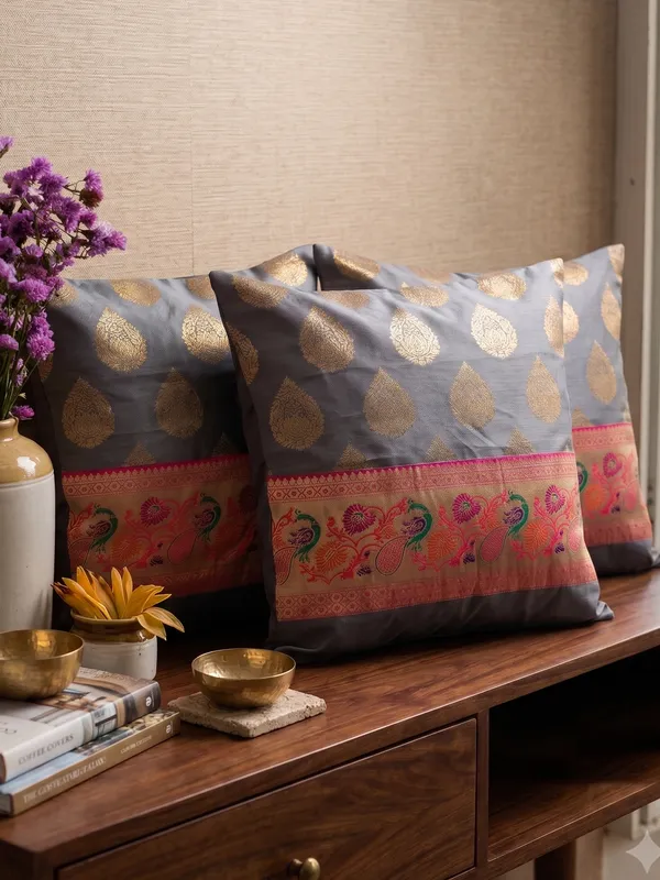 Zari_Jacquard_Art_Silk_Grey_Cushion_Covers_–_16"_x_16"_|_Indian_Festive_Décor