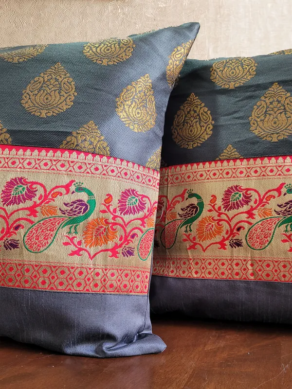Zari_Jacquard_Art_Silk_Grey_Cushion_Covers_–_16"_x_16"_|_Indian_Festive_Décor
