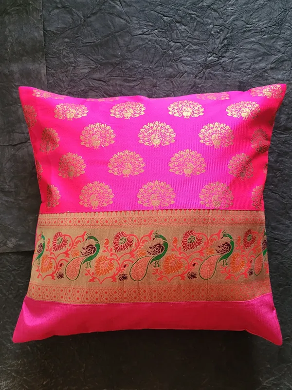 Zari_Jacquard_Art_Silk_Pink_Cushion_Covers_–_16"_x_16"_|_Indian_Festive_Décor