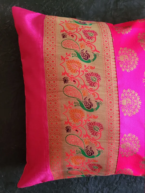 Zari_Jacquard_Art_Silk_Pink_Cushion_Covers_–_16"_x_16"_|_Indian_Festive_Décor