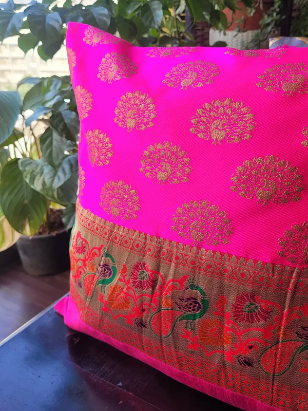 Zari_Jacquard_Art_Silk_Pink_Cushion_Covers_–_16"_x_16"_|_Indian_Festive_Décor
