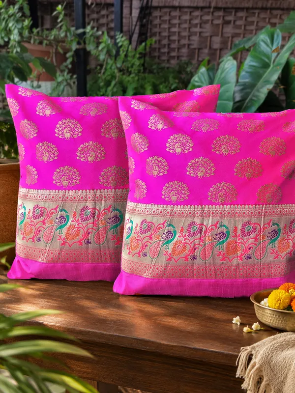 Zari_Jacquard_Art_Silk_Pink_Cushion_Covers_–_16"_x_16"_|_Indian_Festive_Décor