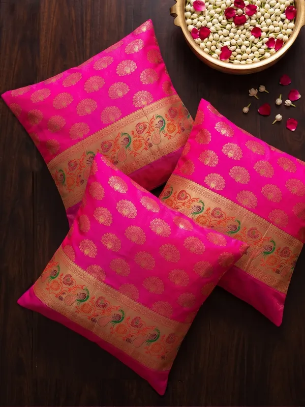 Zari_Jacquard_Art_Silk_Pink_Cushion_Covers_–_16"_x_16"_|_Indian_Festive_Décor