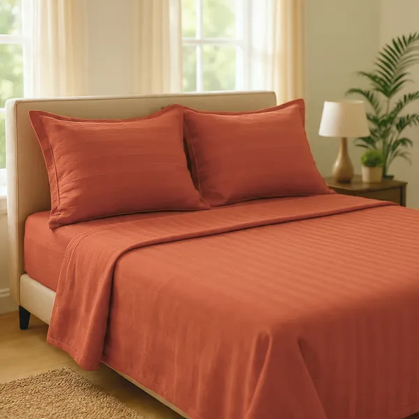 Coral_Pink_210_Tc_Satin_Stripe_Pure_Cotton_Bedsheet_With_2_Pillow_Covers_King_Size_100_X_108