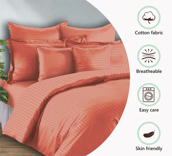 Coral_Pink_210_Tc_Satin_Stripe_Pure_Cotton_Bedsheet_With_2_Pillow_Covers_King_Size_100_X_108