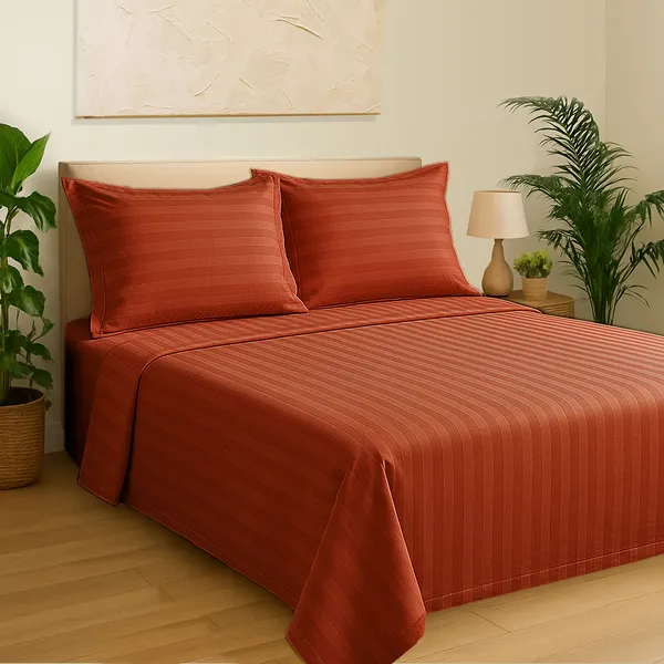 Coral_Pink_210_Tc_Satin_Stripe_Pure_Cotton_Bedsheet_With_2_Pillow_Covers_King_Size_100_X_108