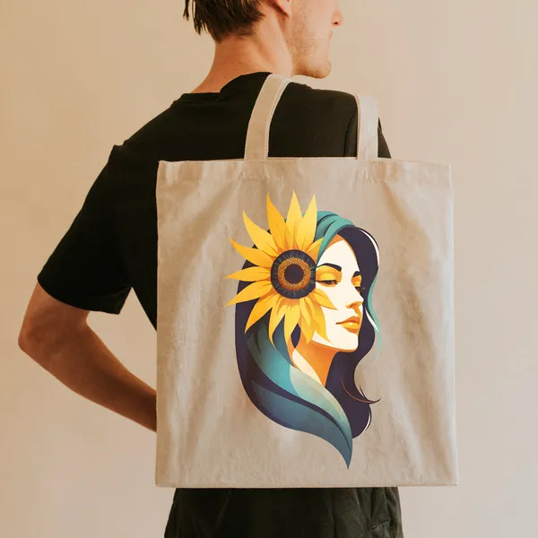Off_White_Sunflower_&_Women_Face_Art_Canvas_Tote_Bag_(14_X_16_Inch)