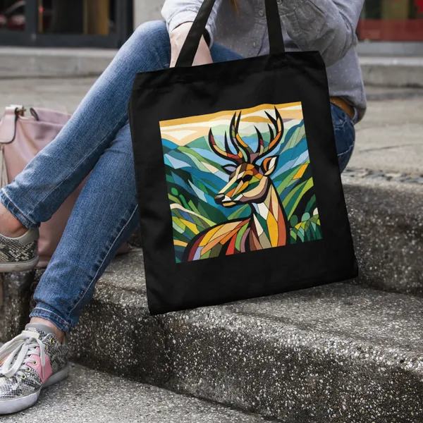 Black_Colorful_Deer_Art_On_Black_Tote_Bag_(14_X_16_Inch)