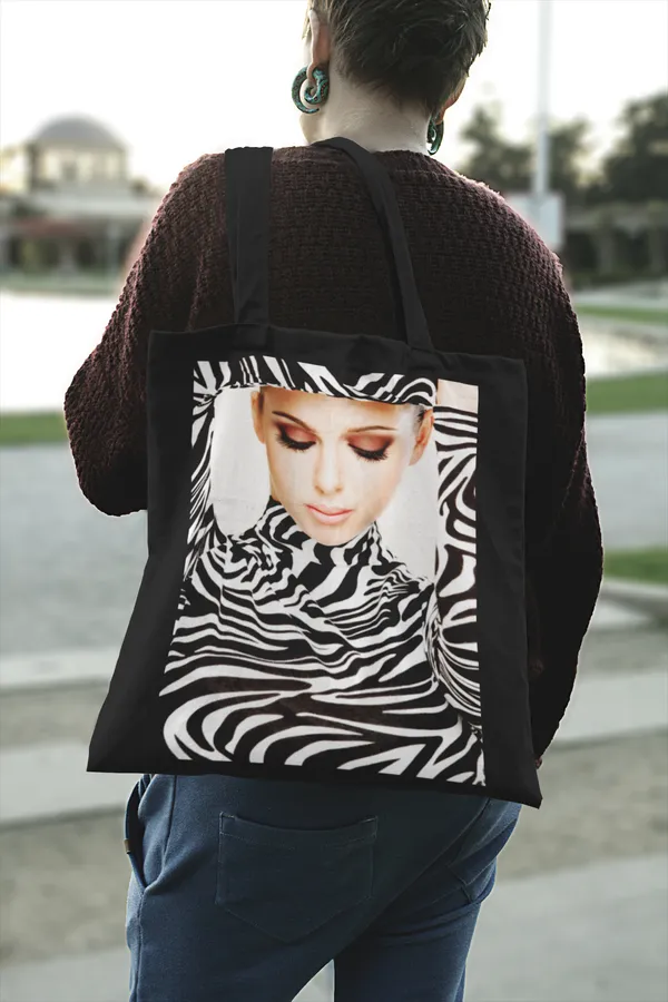Black_Zebra_Dress_Model_Face_Print_Tote_Bag_(14_X_16_Inch)
