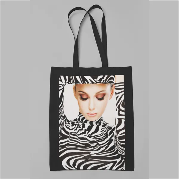 Black_Zebra_Dress_Model_Face_Print_Tote_Bag_(14_X_16_Inch)