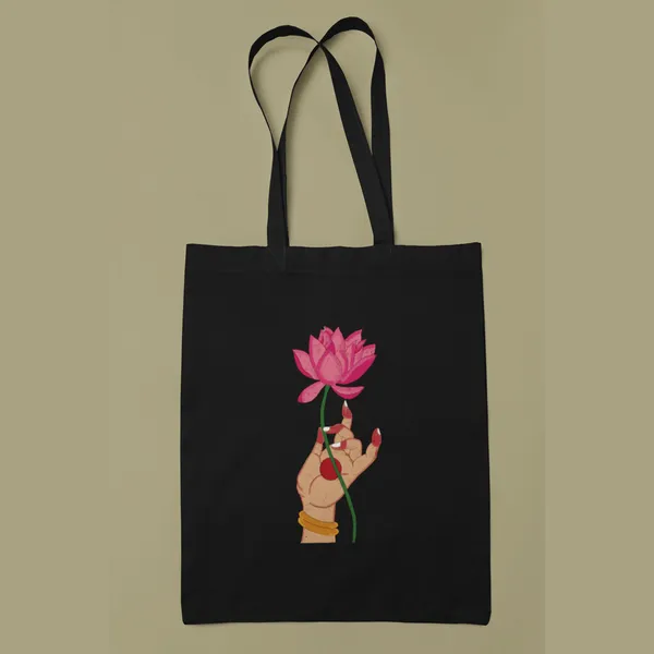 Black_Laxmi_And_Lotus_Flower_Printed_Tote_Bag_(14_X_16_Inch)