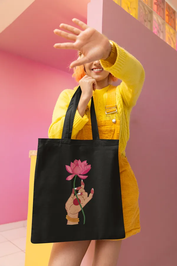 Black_Laxmi_And_Lotus_Flower_Printed_Tote_Bag_(14_X_16_Inch)
