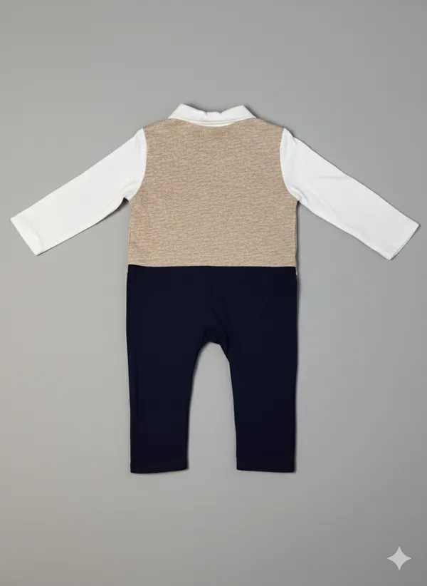 Beige_Collar_Bow_Tie_Cotton_Romper_For_Kids