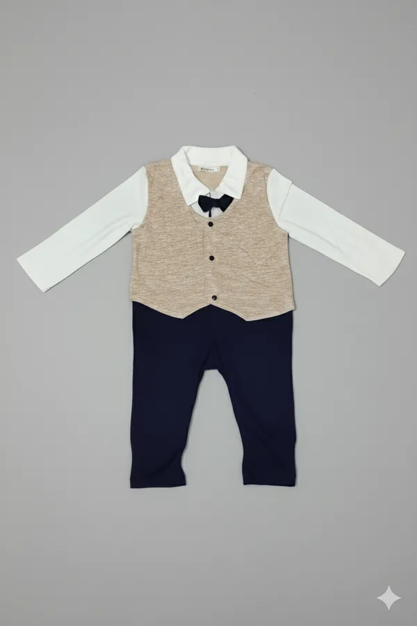 Beige_Collar_Bow_Tie_Cotton_Romper_For_Kids