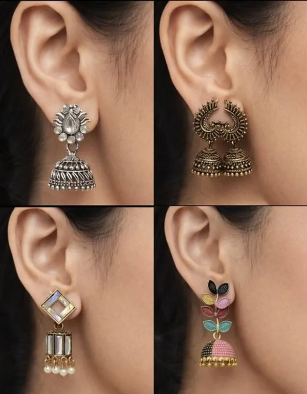 Ethnic_Jhumka_Earrings_Set_|_Traditional_Silver,_Antique_Gold,_Pearl_&_Multicolor_Designer_Earrings_For_Women_(Set_Of_4_Pairs)