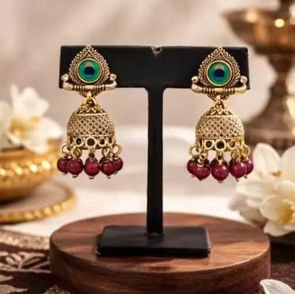 Gold_Plated_Peacock_Design_Jhumka_Earrings_with_Red_Beads_|_Traditional_Ethnic_Jewelry_for_Women_|_Lightweight_Festive_&_Wedding_Wear_|_Infiny_Jwelers