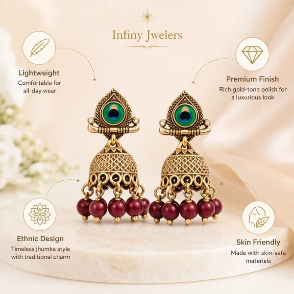 Gold_Plated_Peacock_Design_Jhumka_Earrings_with_Red_Beads_|_Traditional_Ethnic_Jewelry_for_Women_|_Lightweight_Festive_&_Wedding_Wear_|_Infiny_Jwelers
