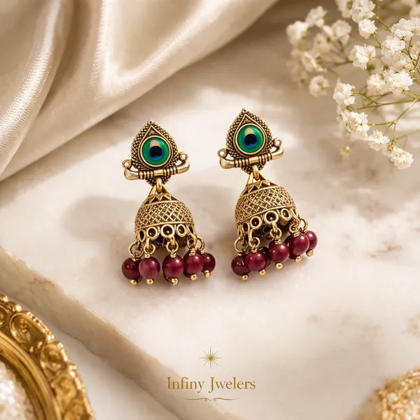 Gold_Plated_Peacock_Design_Jhumka_Earrings_with_Red_Beads_|_Traditional_Ethnic_Jewelry_for_Women_|_Lightweight_Festive_&_Wedding_Wear_|_Infiny_Jwelers