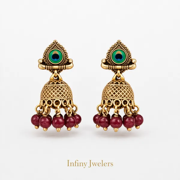 Gold_Plated_Peacock_Design_Jhumka_Earrings_with_Red_Beads_|_Traditional_Ethnic_Jewelry_for_Women_|_Lightweight_Festive_&_Wedding_Wear_|_Infiny_Jwelers