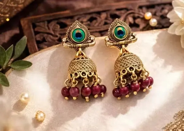 Gold_Plated_Peacock_Design_Jhumka_Earrings_with_Red_Beads_|_Traditional_Ethnic_Jewelry_for_Women_|_Lightweight_Festive_&_Wedding_Wear_|_Infiny_Jwelers