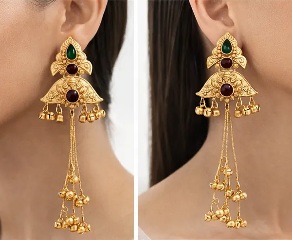 Traditional_Gold-Tone_Long_Earrings_with_Green_&_Maroon_Stones,_Bell_Drops_and_Chain_Tassels_for_Women