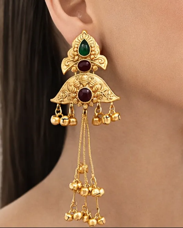 Traditional_Gold-Tone_Long_Earrings_with_Green_&_Maroon_Stones,_Bell_Drops_and_Chain_Tassels_for_Women