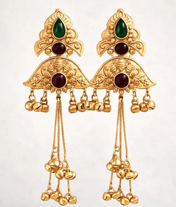 Traditional_Gold-Tone_Long_Earrings_with_Green_&_Maroon_Stones,_Bell_Drops_and_Chain_Tassels_for_Women