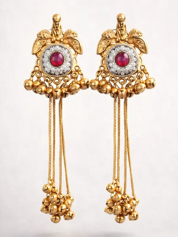 Traditional_Gold-Tone_Long_Earrings_with_Pink_Stone,_White_Accents,_Bell_Drops_&_Chain_Tassels_for_Women