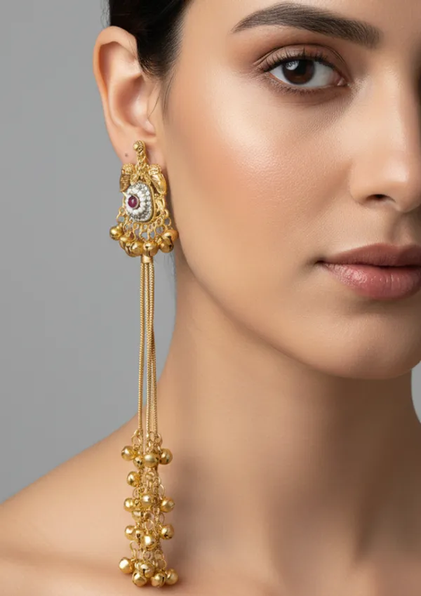 Traditional_Gold-Tone_Long_Earrings_with_Pink_Stone,_White_Accents,_Bell_Drops_&_Chain_Tassels_for_Women