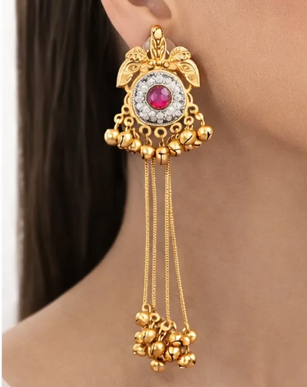 Traditional_Gold-Tone_Long_Earrings_with_Pink_Stone,_White_Accents,_Bell_Drops_&_Chain_Tassels_for_Women