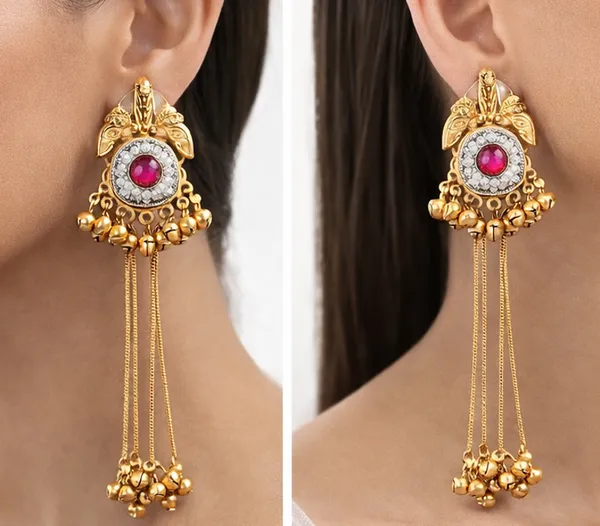 Traditional_Gold-Tone_Long_Earrings_with_Pink_Stone,_White_Accents,_Bell_Drops_&_Chain_Tassels_for_Women