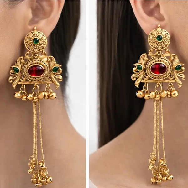 Traditional_Gold-Tone_Long_Earrings_with_Red_&_Green_Stones,_Bell_Drops_and_Chain_Tassels_for_Women