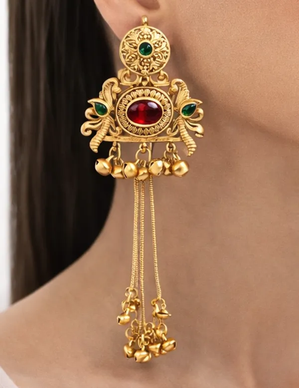 Traditional_Gold-Tone_Long_Earrings_with_Red_&_Green_Stones,_Bell_Drops_and_Chain_Tassels_for_Women