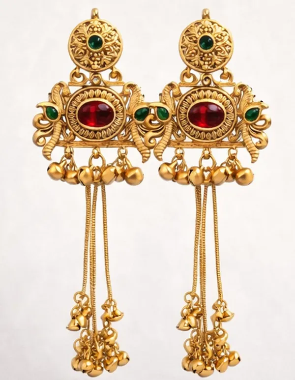 Traditional_Gold-Tone_Long_Earrings_with_Red_&_Green_Stones,_Bell_Drops_and_Chain_Tassels_for_Women