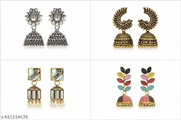 Ethnic_Jhumka_Earrings_Set_|_Traditional_Silver,_Antique_Gold,_Pearl_&_Multicolor_Designer_Earrings_For_Women_(Set_Of_4_Pairs)