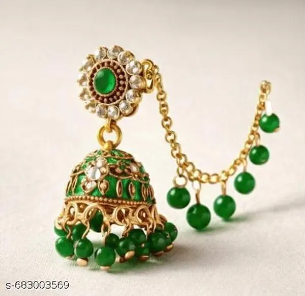 Royal_Gold_Plated_Green_Stone_Jhumka_Earrings_With_Sahara_Ear_Chains_For_Women_&_Girls