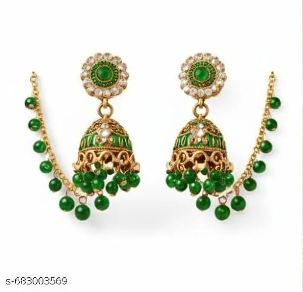 Royal_Gold_Plated_Green_Stone_Jhumka_Earrings_With_Sahara_Ear_Chains_For_Women_&_Girls