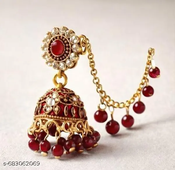 Royal_Gold_Plated_Maroon_Stone_Jhumka_Earrings_With_Sahara_Ear_Chains_For_Women_&_Girls