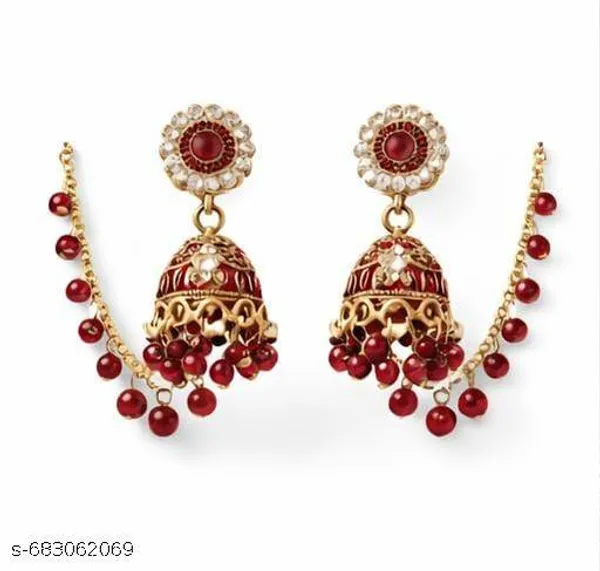 Royal_Gold_Plated_Maroon_Stone_Jhumka_Earrings_With_Sahara_Ear_Chains_For_Women_&_Girls