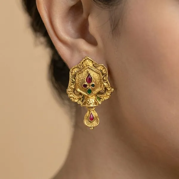 Elegant_Traditional_Gold_Plated_Red_&_Green_Stone_Stud_Earrings_For_Women