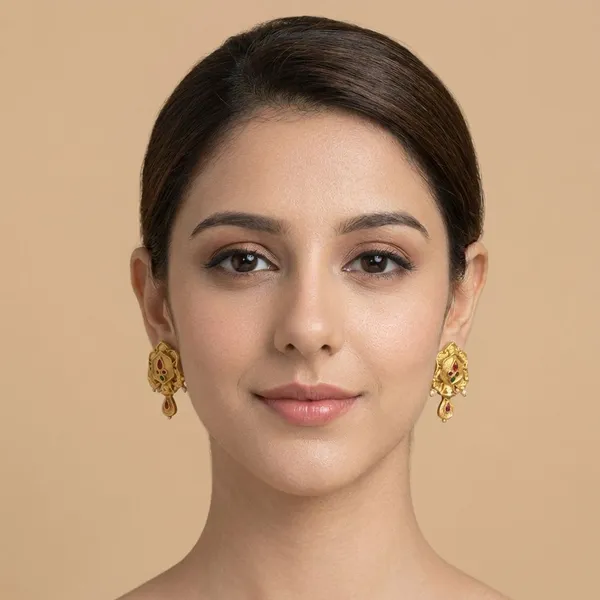 Elegant_Traditional_Gold_Plated_Red_&_Green_Stone_Stud_Earrings_For_Women